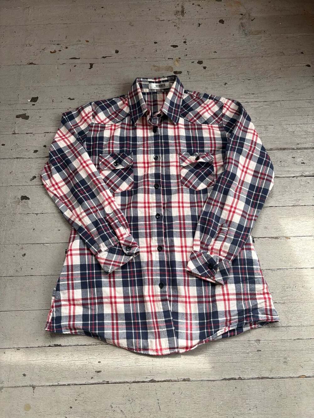 Ochenta Women's Red Navy and White Plaid Long Sleeve Button-Up Shirt